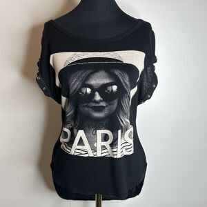Blush 90s Y2K High Low Graphic Top PARIS Womens Medium Black Grunge Whimsigoth